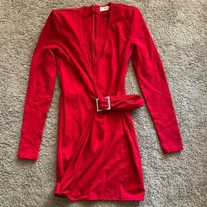 Red Long Sleeve Plunge Bodycon Cocktail Dress